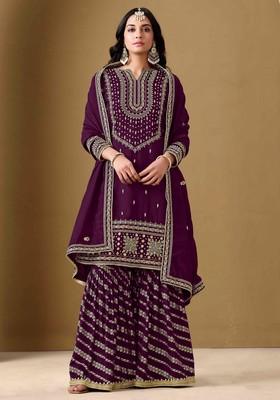 Purple Thread Work Silk Palazzo Set With Dupatta