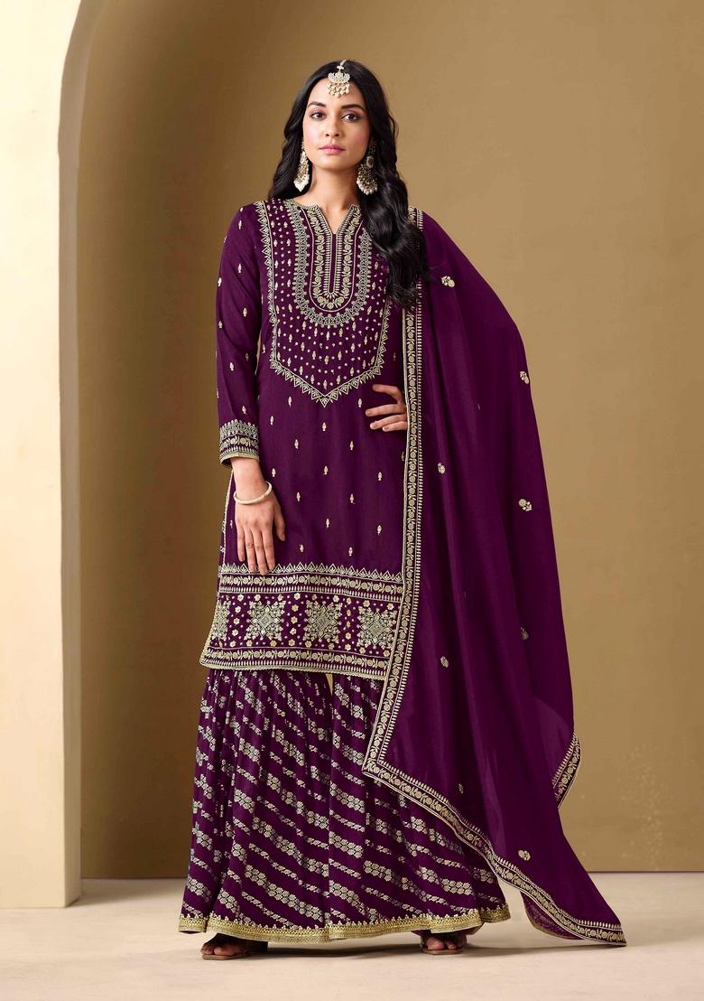 Purple Thread Work Silk Palazzo Set With Dupatta