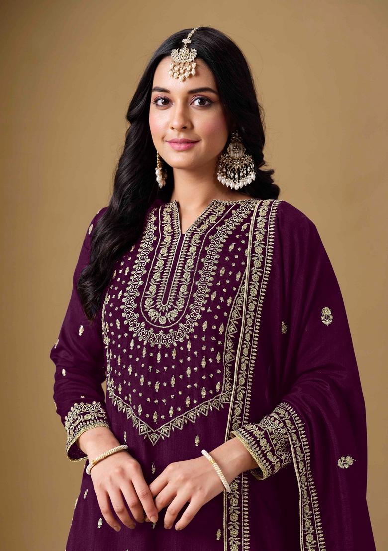 Purple Thread Work Silk Palazzo Set With Dupatta
