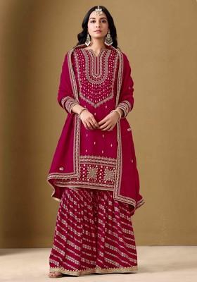 Dark Pink Thread Work Silk Palazzo Set With Dupatta