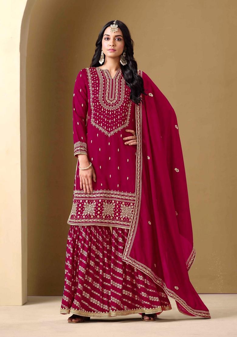 Dark Pink Thread Work Silk Palazzo Set With Dupatta