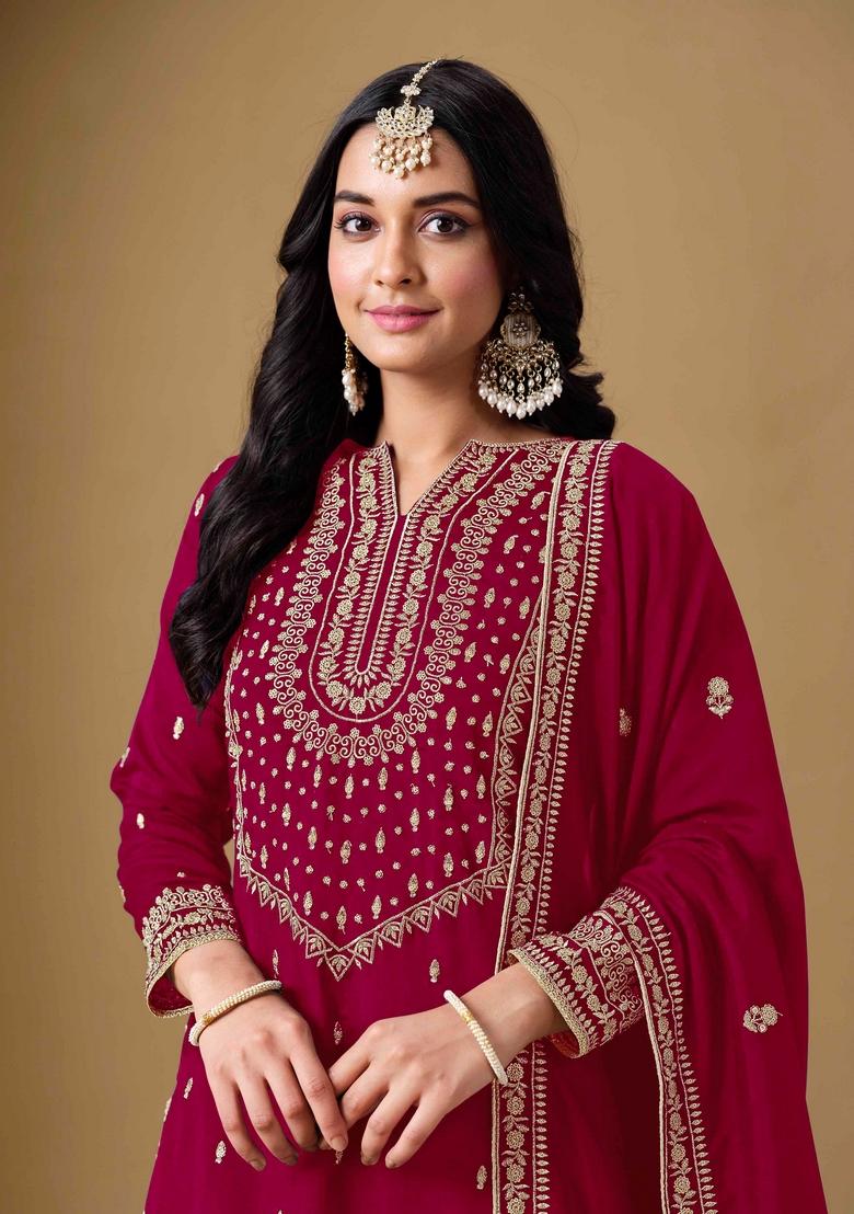 Dark Pink Thread Work Silk Palazzo Set With Dupatta