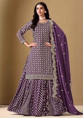 Purple Sequin Embroidered Silk Lehenga Set With Dupatta