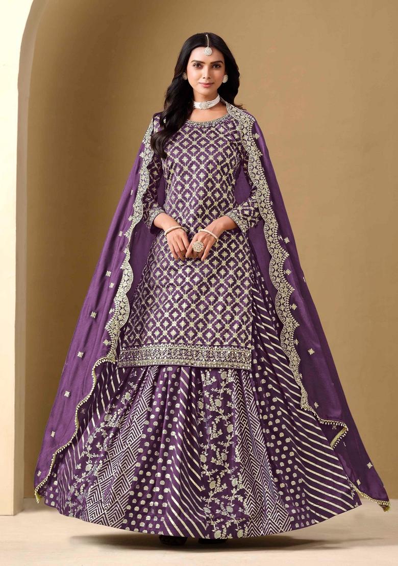 Purple Sequin Embroidered Silk Lehenga Set With Dupatta