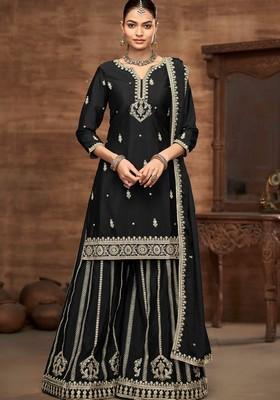 Black Zari Embroidered Chinon Palazzo Set With Dupatta
