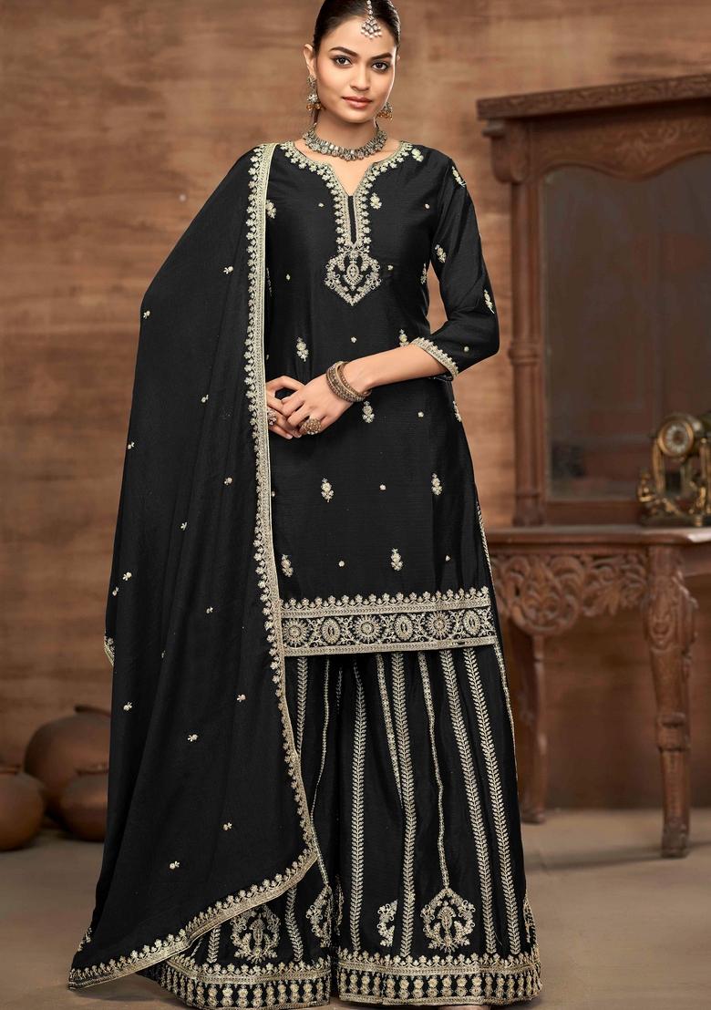 Black Zari Embroidered Chinon Palazzo Set With Dupatta