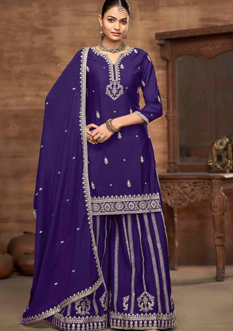 Violet Zari Embroidered Chinon Palazzo Set With Dupatta