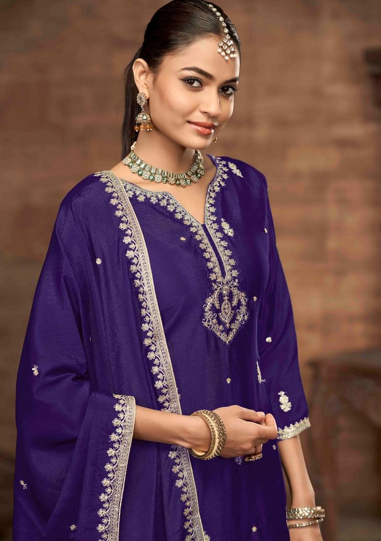 Violet Zari Embroidered Chinon Palazzo Set With Dupatta