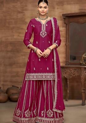 Rani Pink Zari Embroidered Chinon Palazzo Set With Dupatta