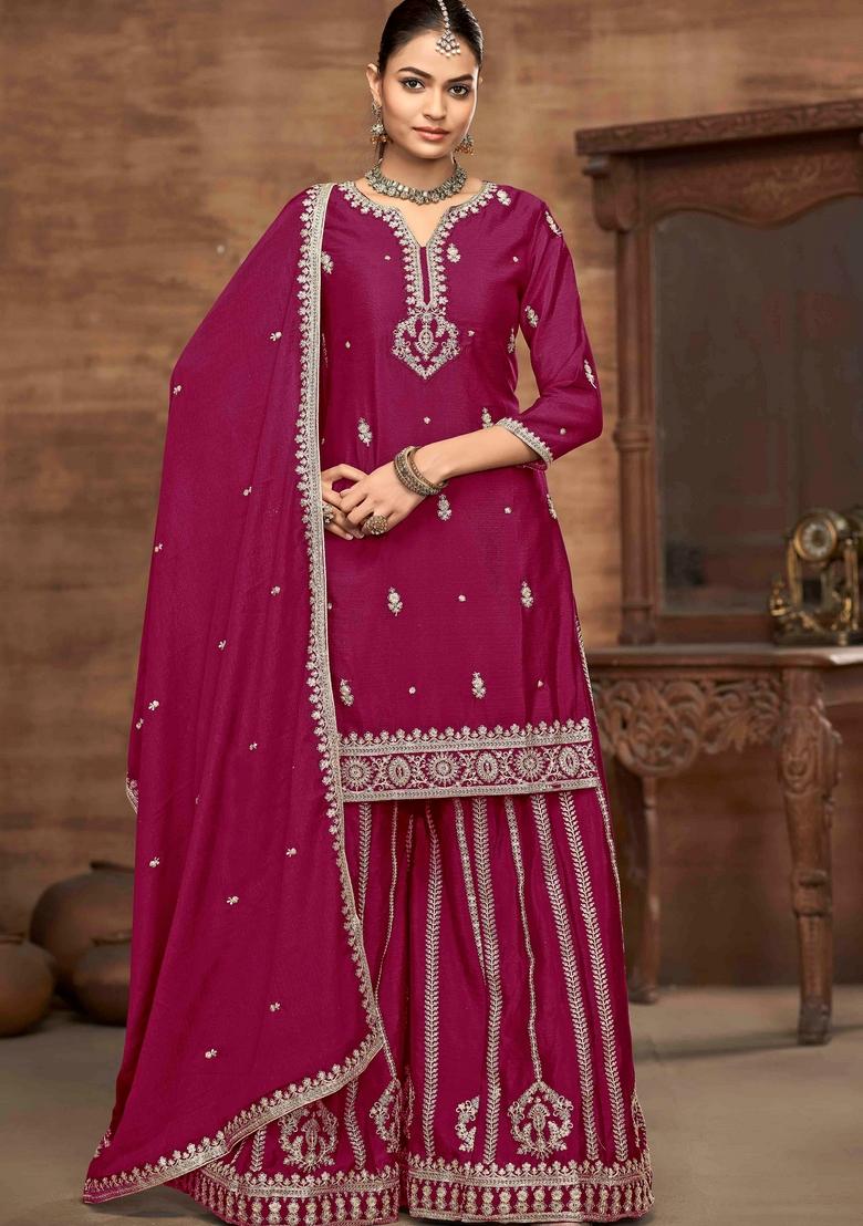 Rani Pink Zari Embroidered Chinon Palazzo Set With Dupatta