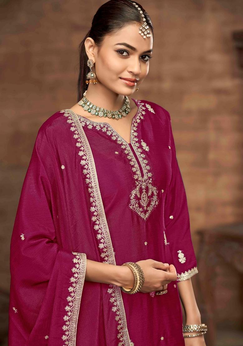 Rani Pink Zari Embroidered Chinon Palazzo Set With Dupatta