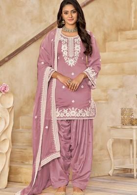 Onion Pink Thread Work Silk Salwar Kameez With Dupatta