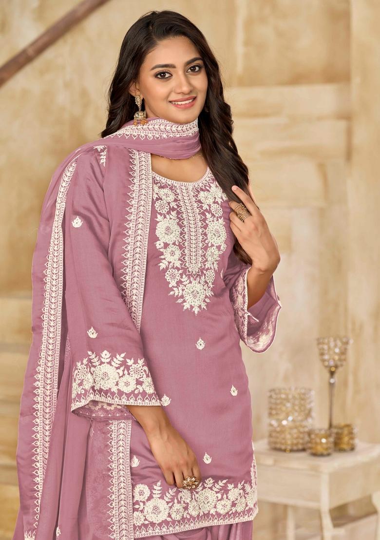 Onion Pink Thread Work Silk Salwar Kameez With Dupatta