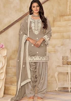 Grey Thread Work Silk Salwar Kameez With Dupatta