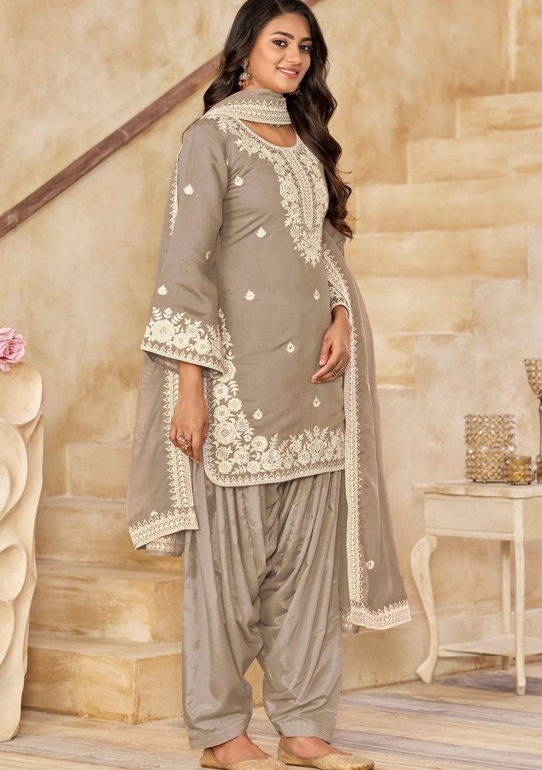 Grey Thread Work Silk Salwar Kameez With Dupatta