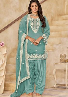 Teal Thread Work Silk Salwar Kameez With Dupatta