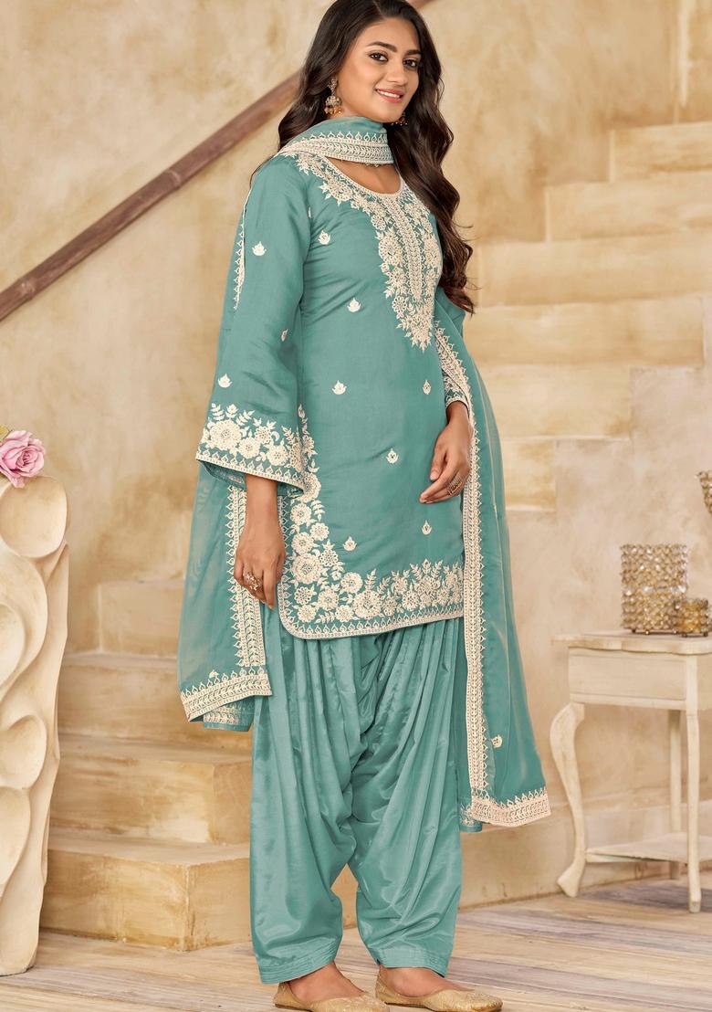 Teal Thread Work Silk Salwar Kameez With Dupatta