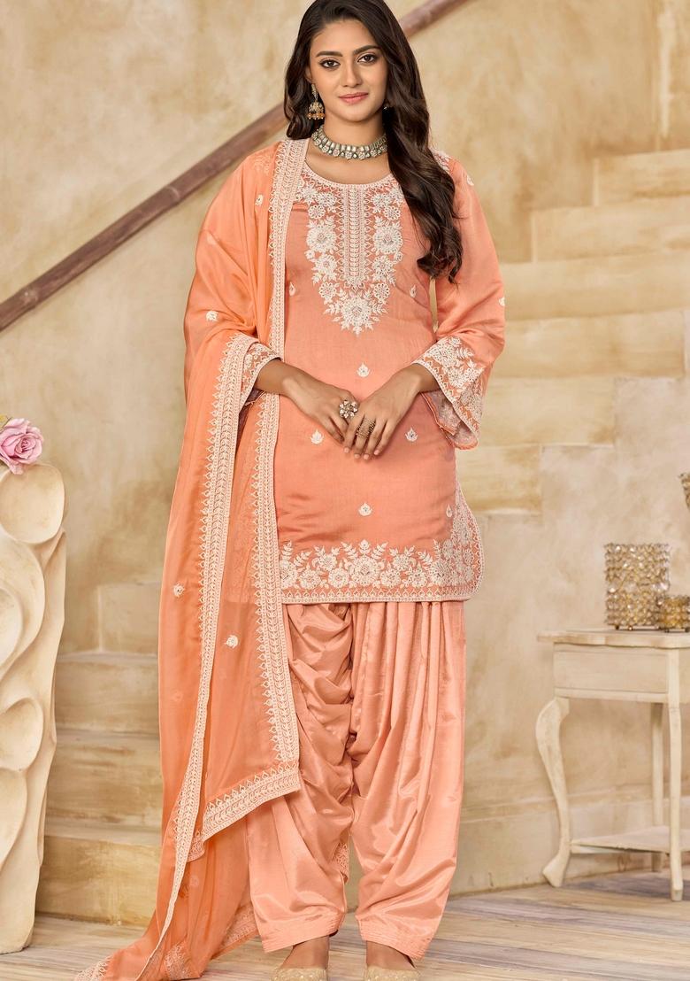 Salmon Thread Work Silk Salwar Kameez With Dupatta
