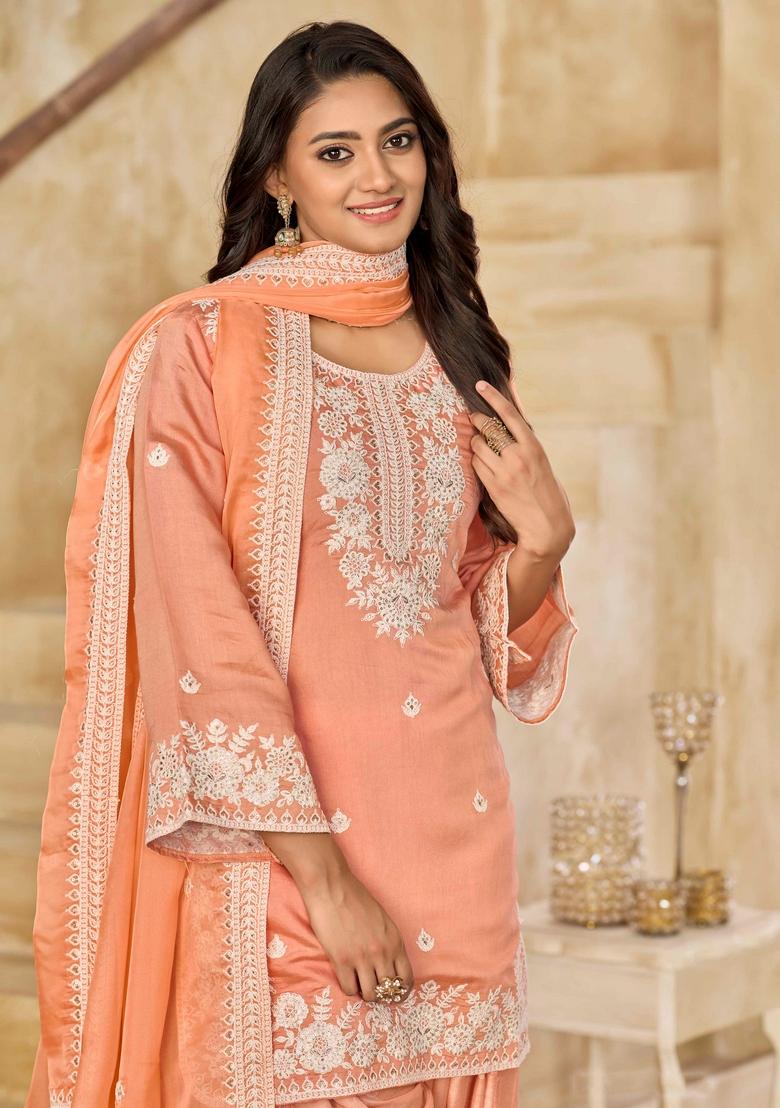 Salmon Thread Work Silk Salwar Kameez With Dupatta
