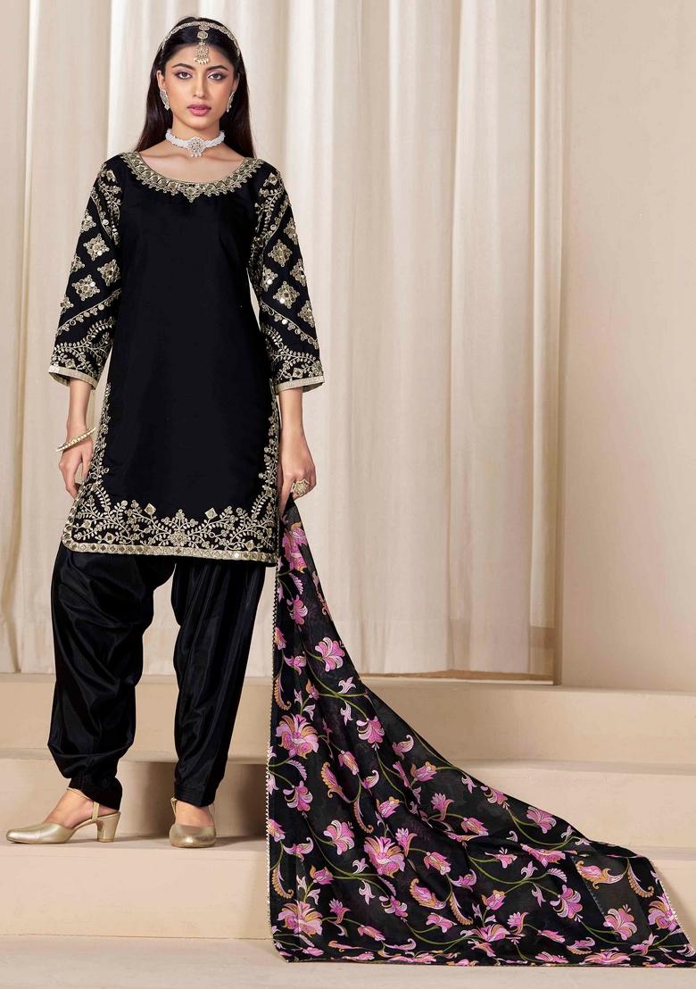 Black Mirror Work Silk Salwar Kameez With Dupatta
