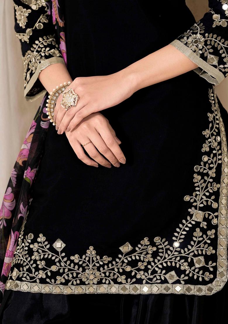 Black Mirror Work Silk Salwar Kameez With Dupatta