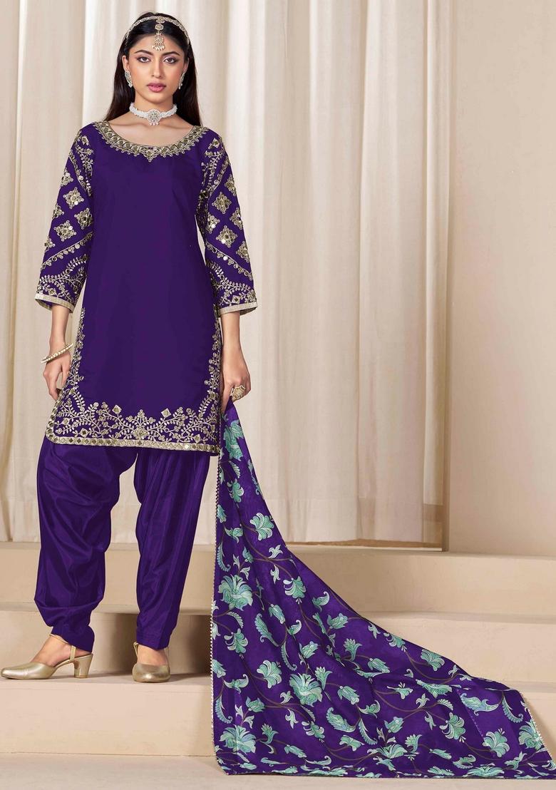 Violet Mirror Work Silk Salwar Kameez With Dupatta