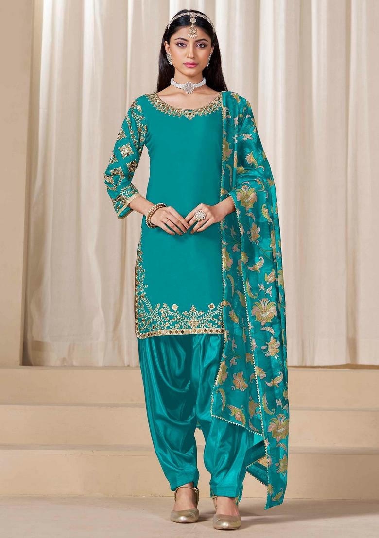Teal Mirror Work Silk Salwar Kameez With Dupatta