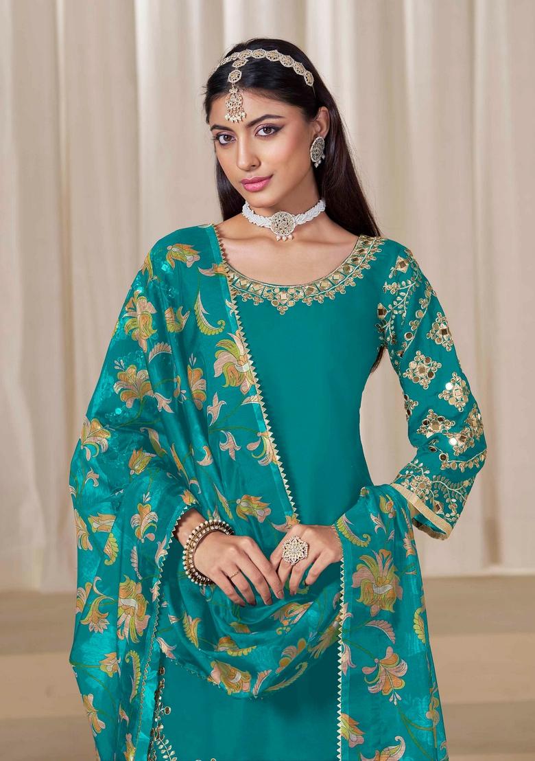 Teal Mirror Work Silk Salwar Kameez With Dupatta