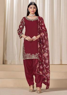 Maroon Mirror Work Silk Salwar Kameez With Dupatta