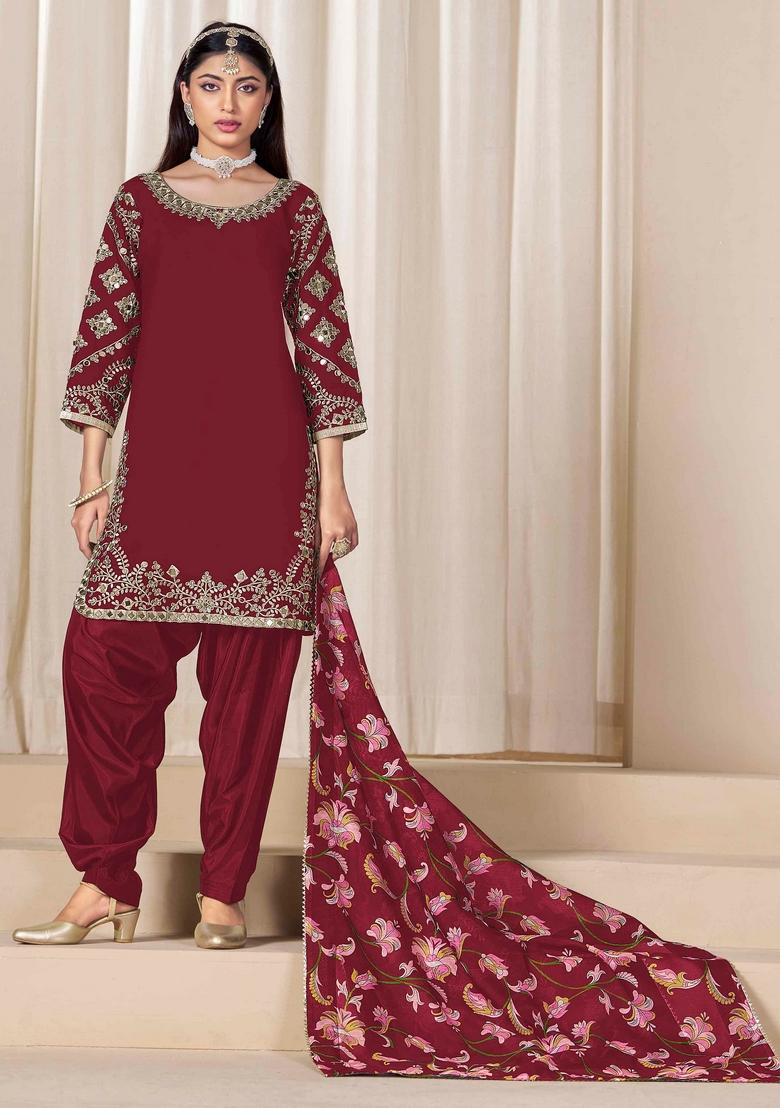 Maroon Mirror Work Silk Salwar Kameez With Dupatta