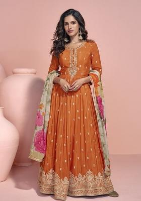 Orange Embroidered Chinon Anarkali Set With Dupatta