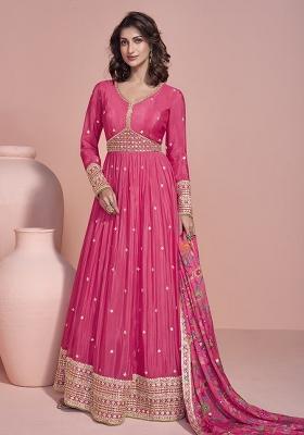 Pink Embroidered Chinon Anarkali Set With Dupatta