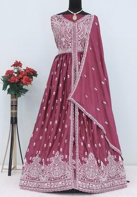 Mauve Embroidered Chinon Anarkali Set With Dupatta
