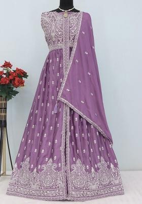 Lavender Embroidered Chinon Anarkali Set With Dupatta