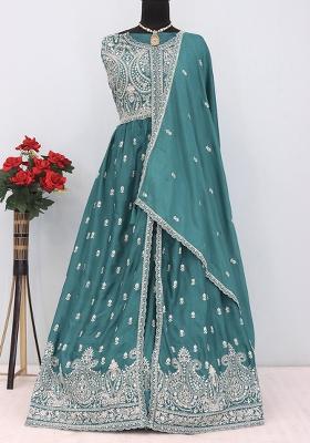 Sea Green Embroidered Chinon Anarkali Set With Dupatta