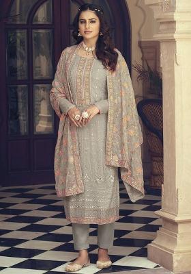 Beige Embroidered Georgette Salwar Kameez With Dupatta
