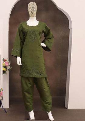 Olive Green Embroidered Cotton Co Ord Set