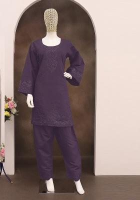 Dark Purple Embroidered Cotton Co Ord Set