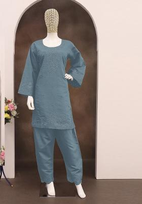 Slate Blue Embroidered Cotton Co Ord Set