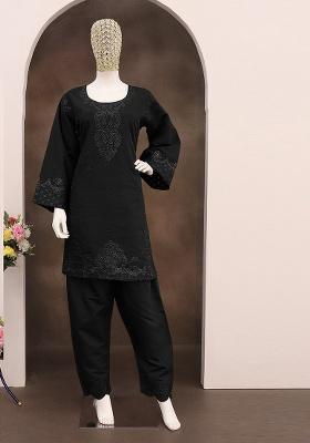 Black Embroidered Cotton Co Ord Set