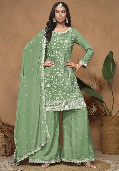 Light Green Embroidered Silk Plazoo Set With Dupatta