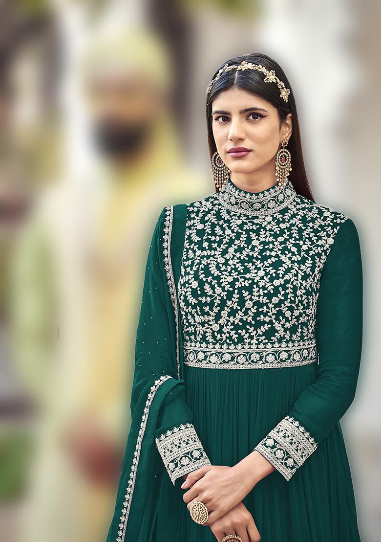 Dark Green Embroidered Georgette Anarkali Set With Dupatta