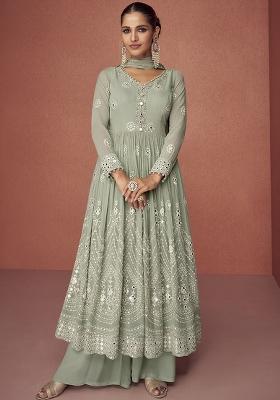 Pastel Green Embroidered Georgette Anarkali Set With Dupatta
