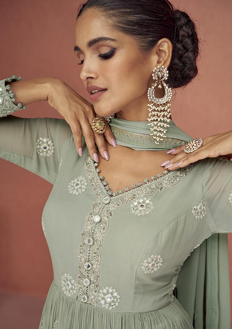 Pastel Green Embroidered Georgette Anarkali Set With Dupatta