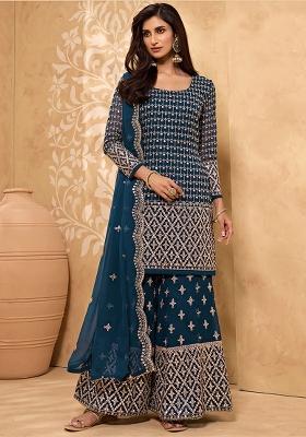 Dark Teal Blue Embroidered Georgette Sharara Set With Dupatta