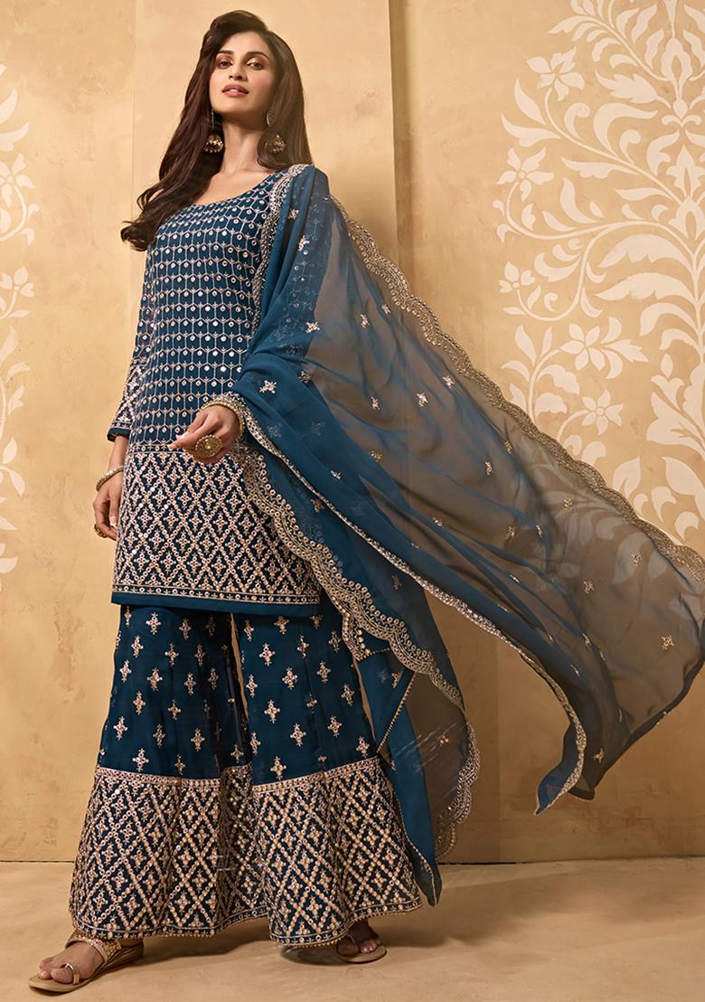 Dark Teal Blue Embroidered Georgette Sharara Set With Dupatta