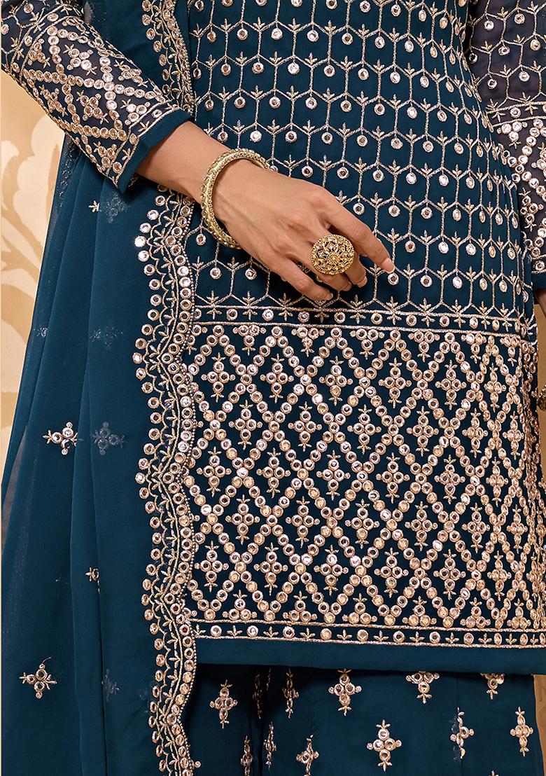 Dark Teal Blue Embroidered Georgette Sharara Set With Dupatta