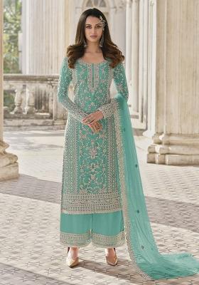 Light Blue Embroidered Net Plazzo Set With Dupatta