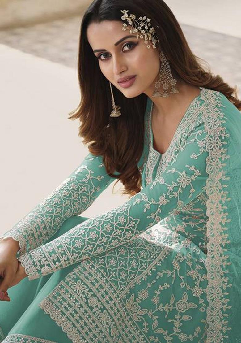 Light Blue Embroidered Net Plazzo Set With Dupatta