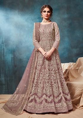 Onion Pink Embroidered Net Anarkali Set With Dupatta